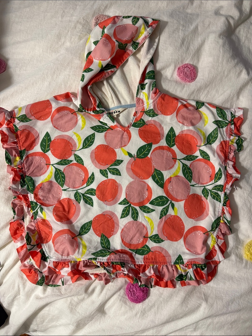 Mini Boden Peach and Green Hooded Ruffle Tunic cover up- terry cloth inside